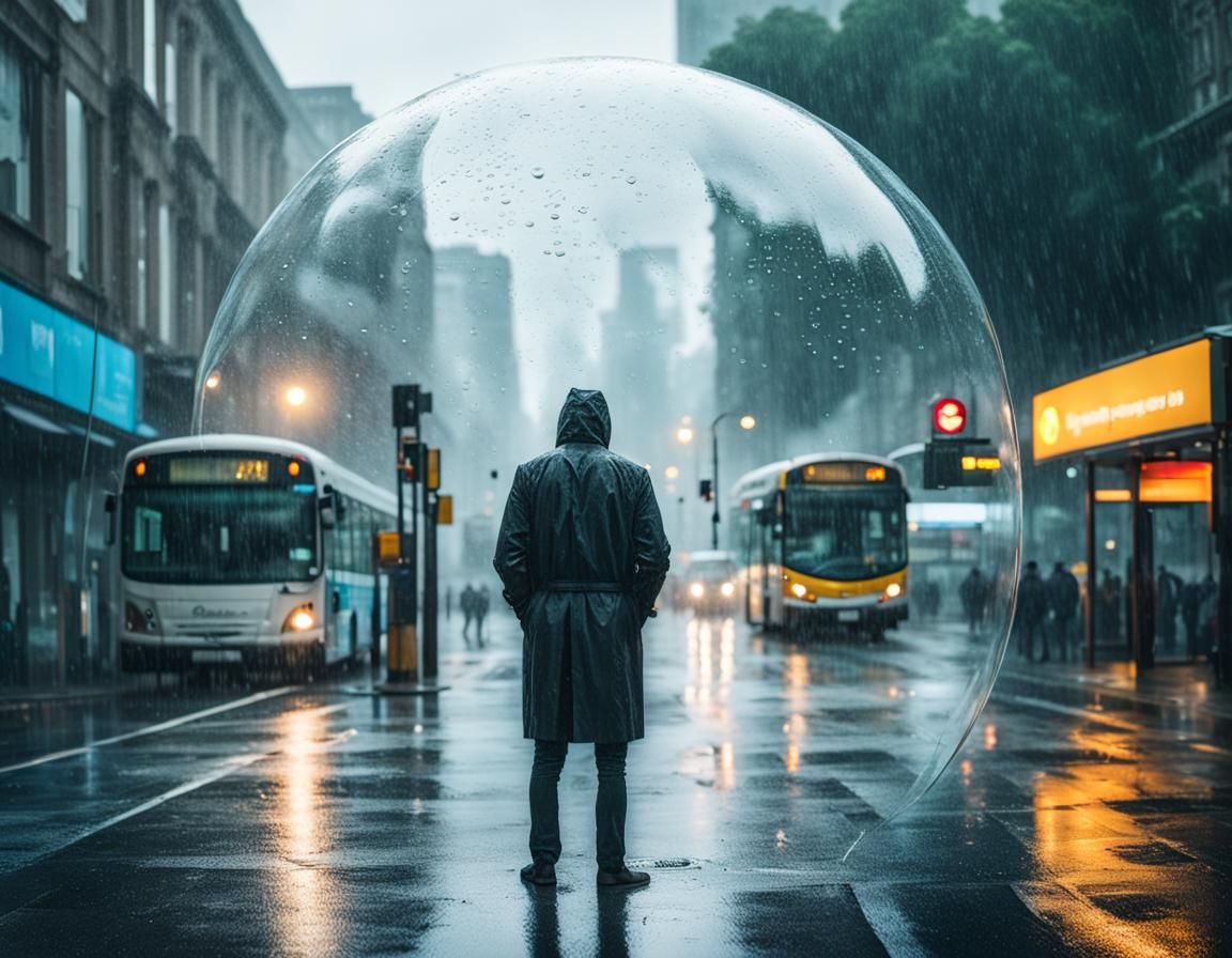 Man Waiting in Rain with Dream Bubble