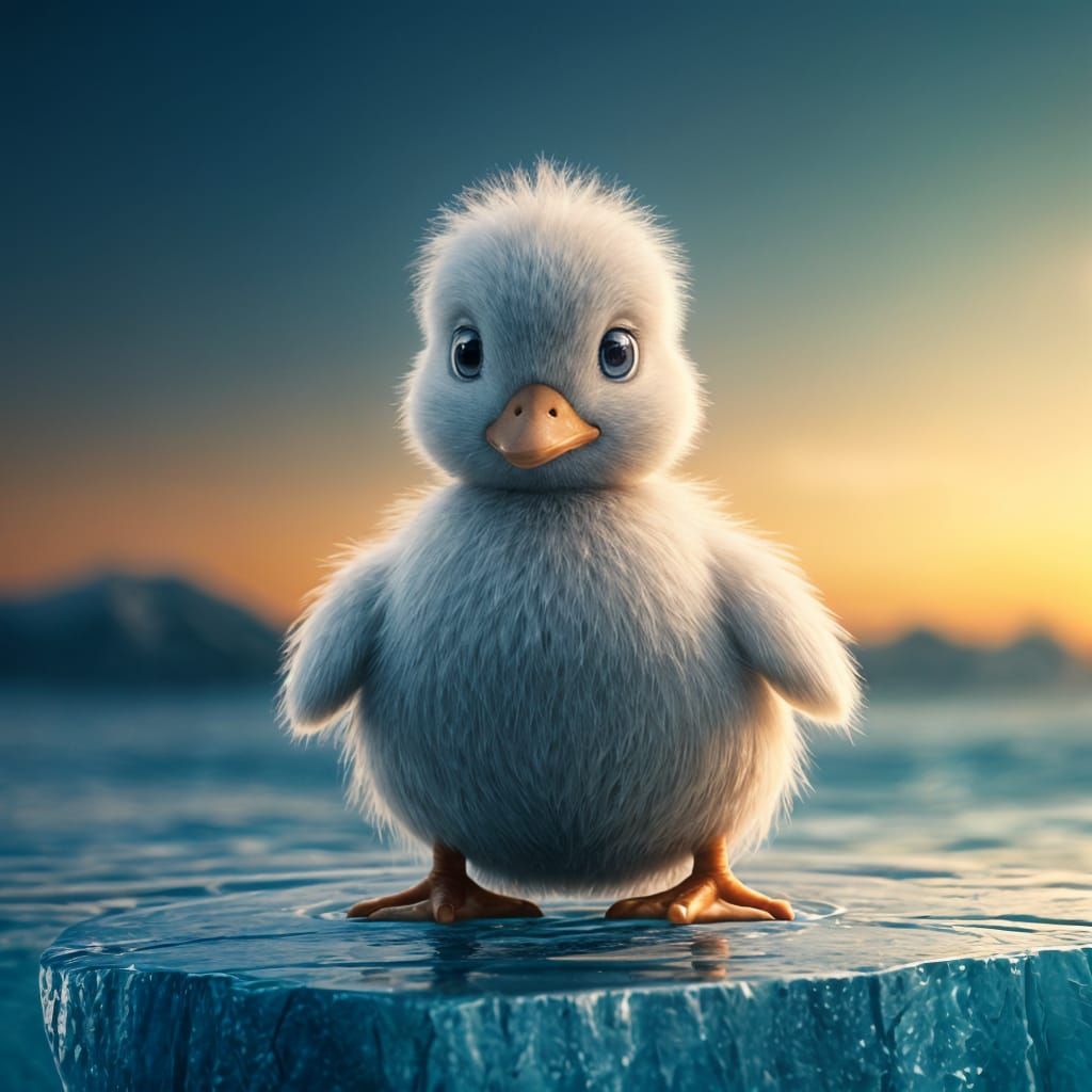 Adorable Baby Duck on Ice: 3D Digital Art