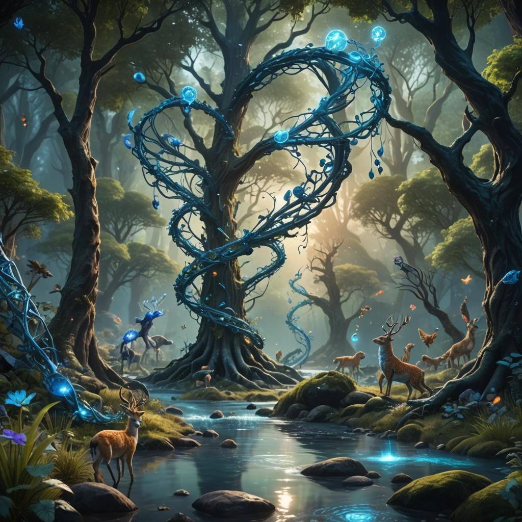 Astral Being Manipulating DNA in Forest, Digital Art
