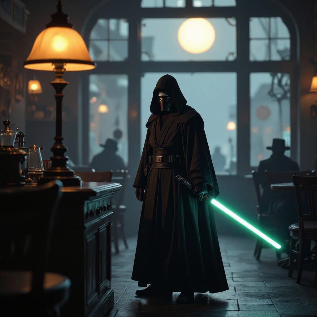 Jedi Knight in Windswept Cafe, Cinematic Sci-Fi Style