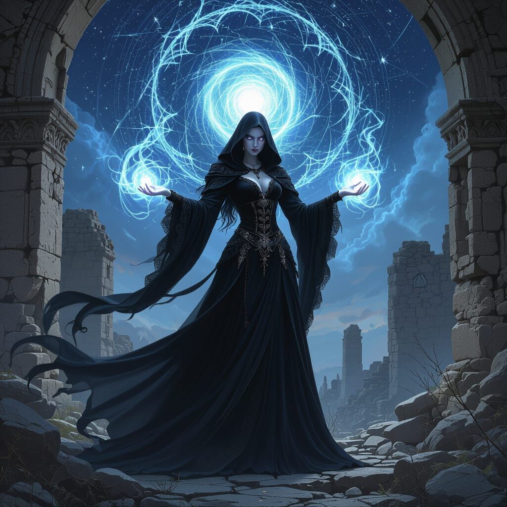 Gothic Sorceress Conjuring Energy in Ruins