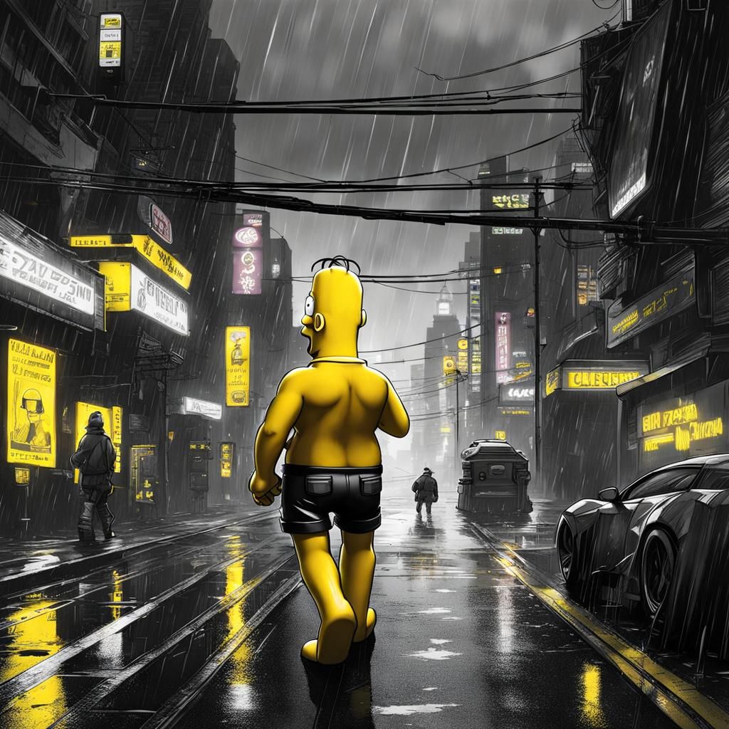 Homer Simpson in Cyberpunk Rainstorm