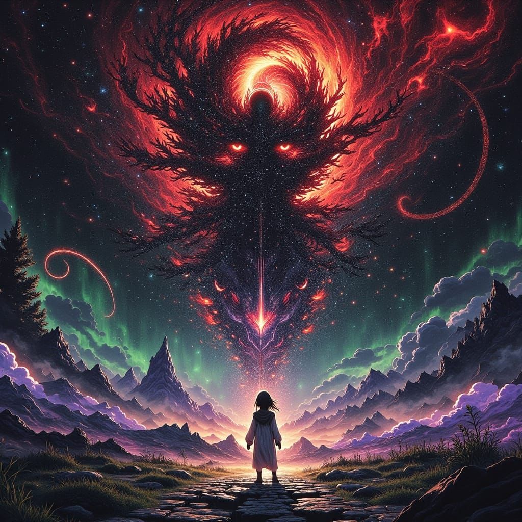 Ethereal Figure in Fractured Dreamscape, 80s Anime Style