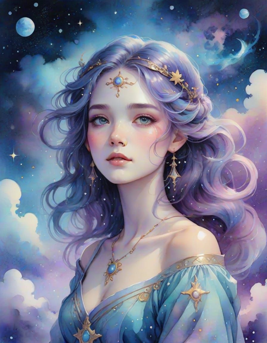 Ethereal Libra Goddess in a Dreamy Starry Night Sky