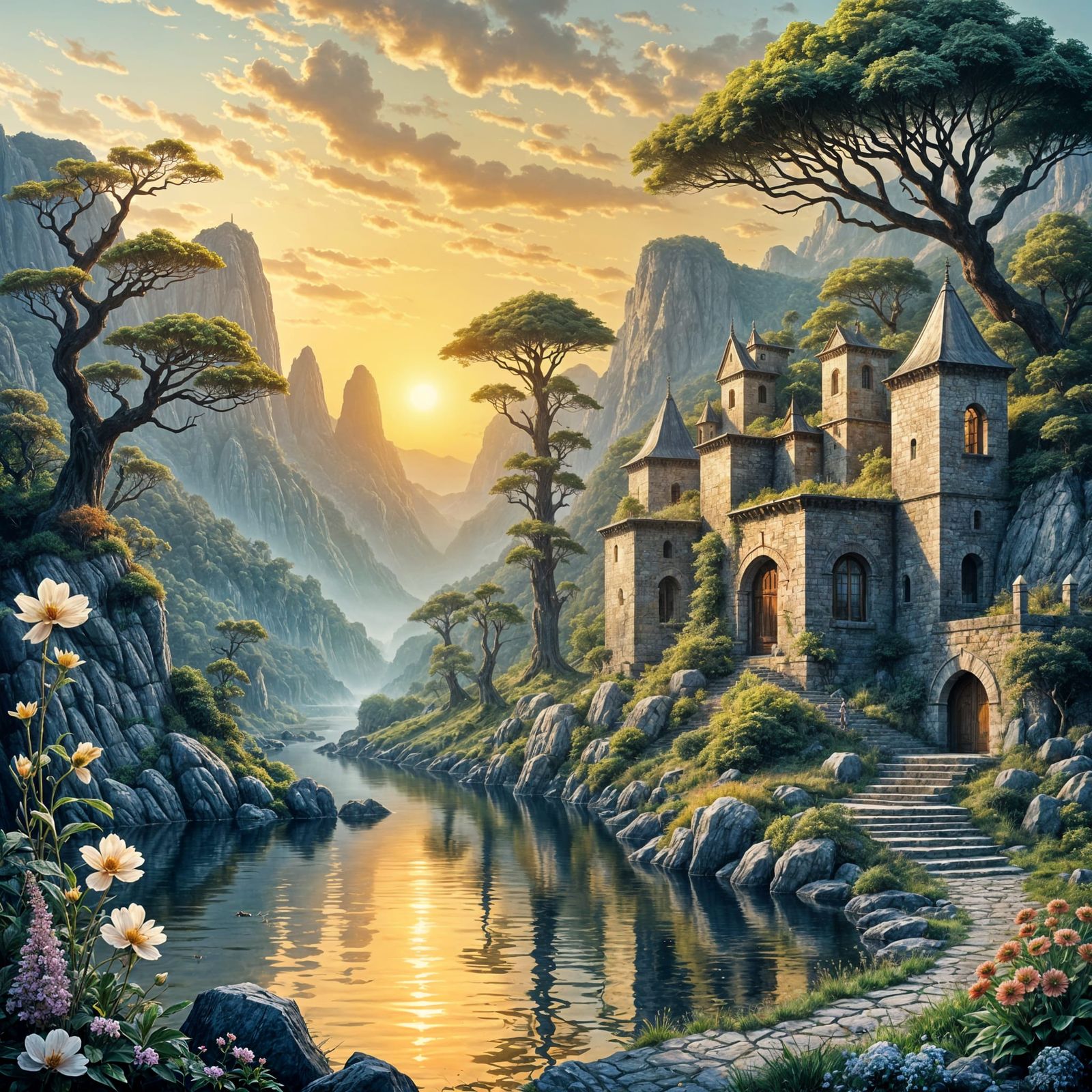 Medieval Castle by River Surrounded by Greenery