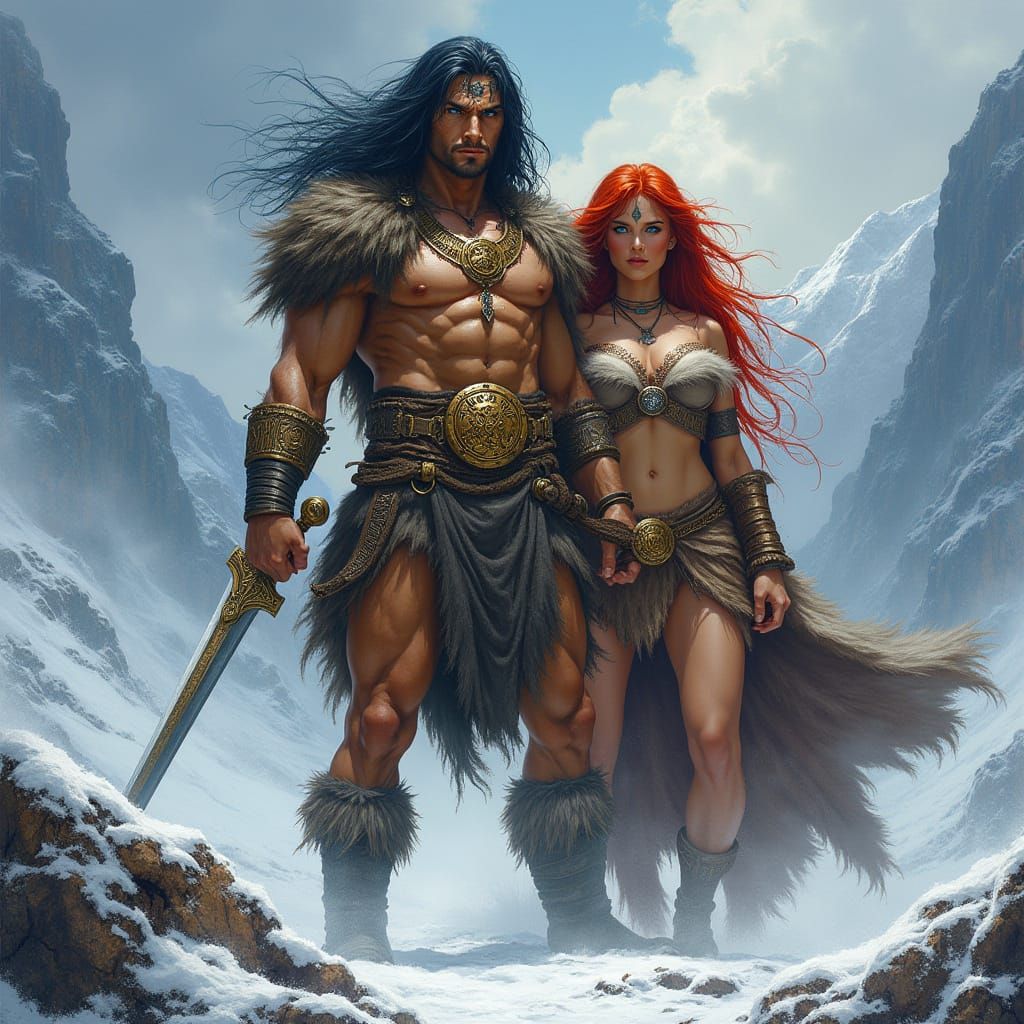Conan, Fierce Barbarian Warrior in Stormy Mountainscape