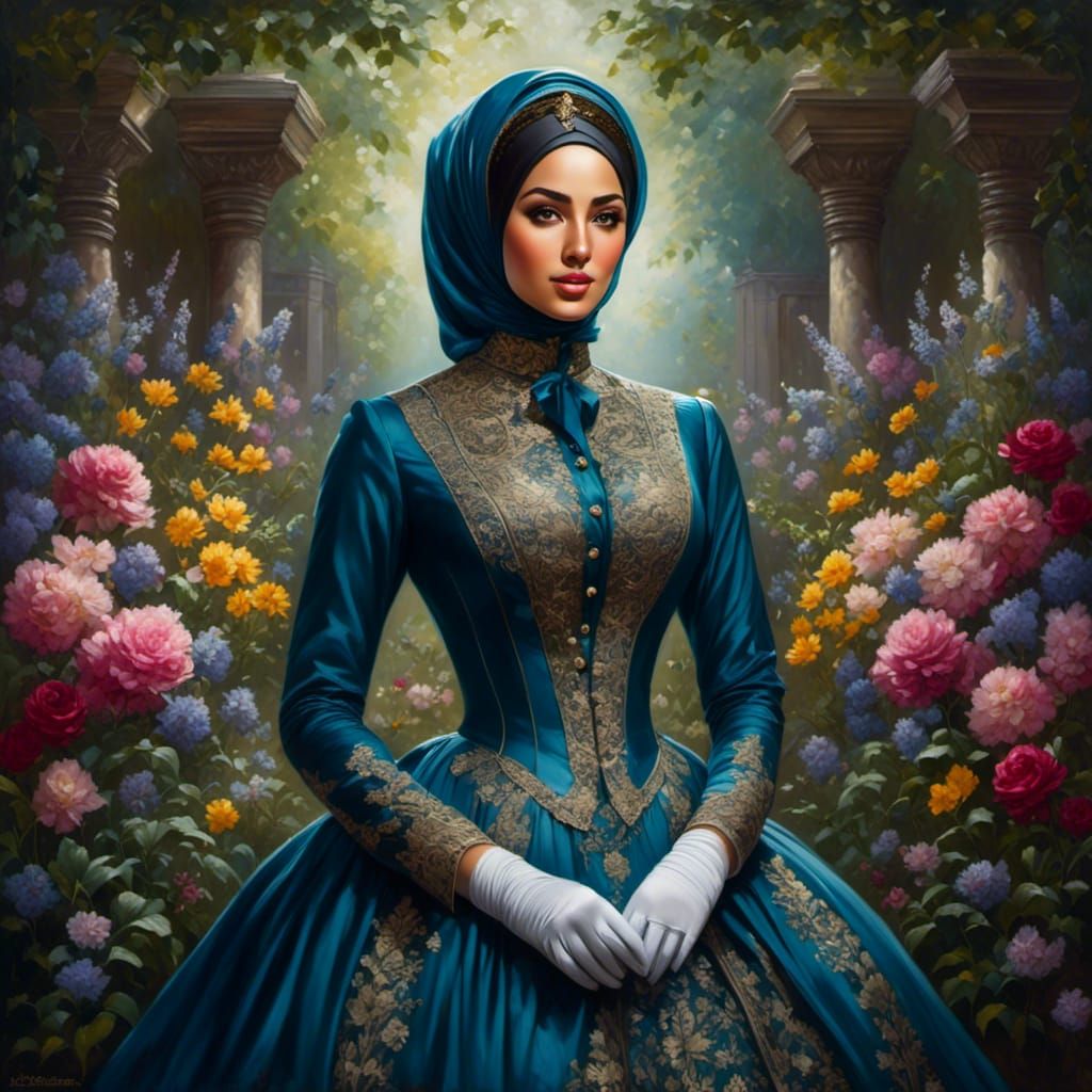 Victorian Hijabi Lady in Mystic Garden Portrait