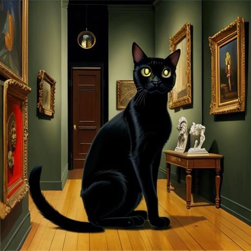 Black Cat Hiding in Museum, Surrealist Oil Painting