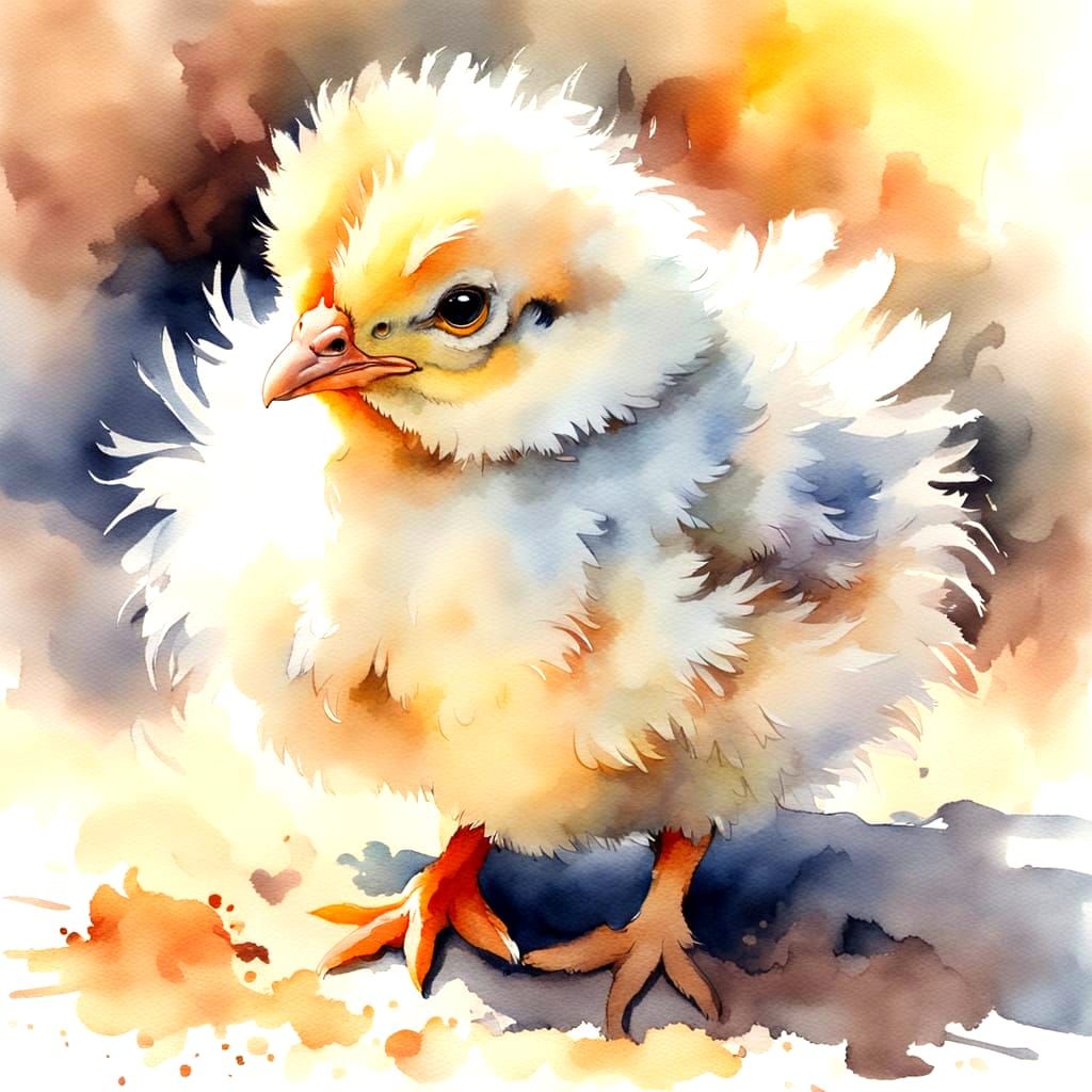 Watercolor of Baby Chicken Scratching Ground