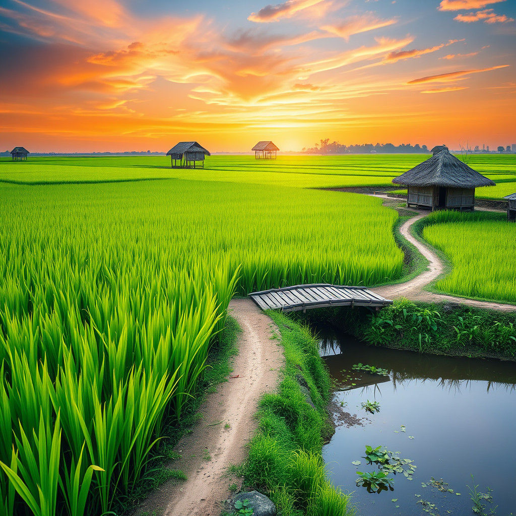 Lush Green Paddy Field at Sunrise: A Digital Rendering