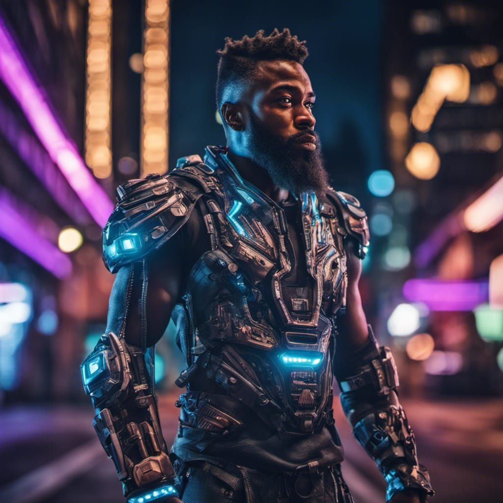 Cyborg in Neon City at Night