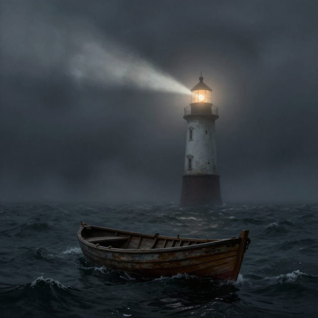 Lighthouse Beam Pierces Fog Over Turbulent Sea