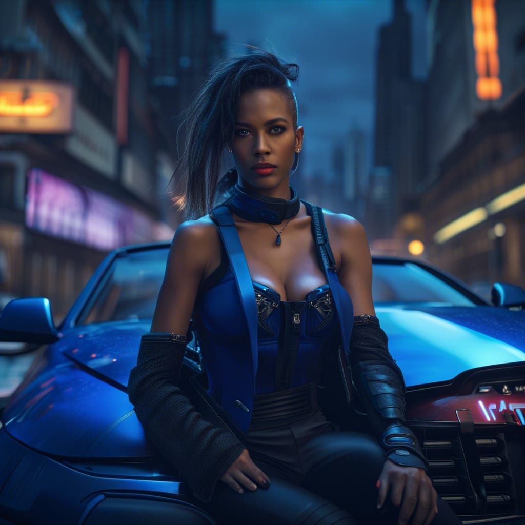 Cyberpunk Woman Drives a BMW Convertible