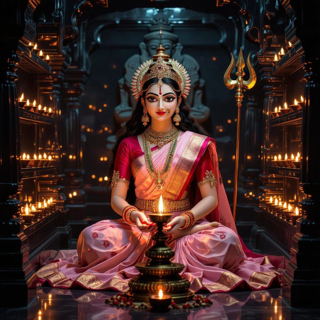 Maa Durga in Pink Benarasi Saree with Shiva Idol