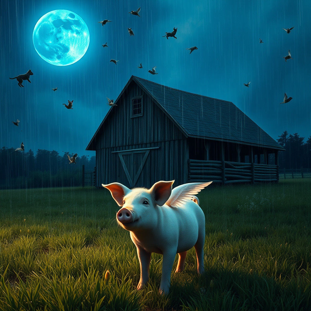 Blue Moon Rain of Cats and Dogs with Winged Pig