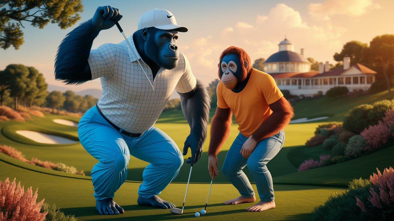 Gorilla and Orangutan Play Golf in Whimsical Scene