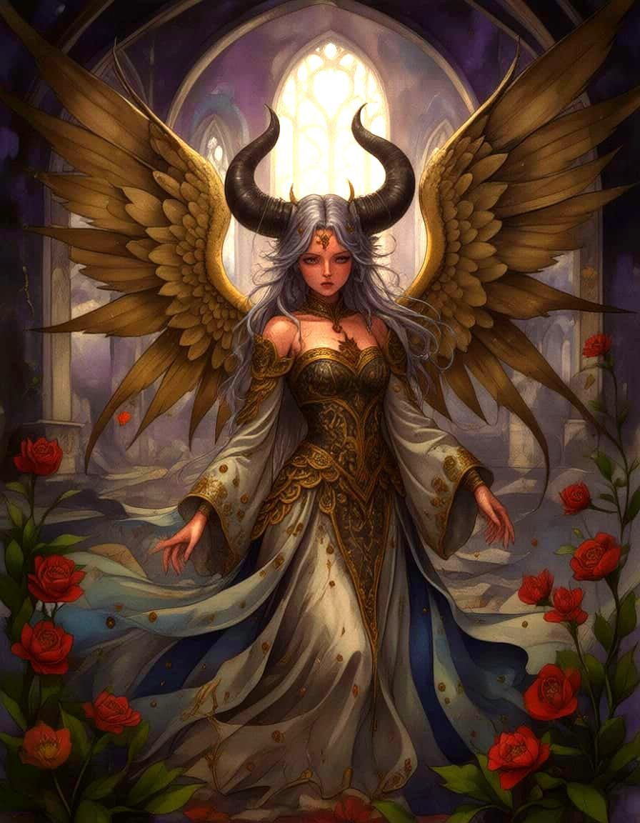 Demon-Angel Hybrid in Gothic Cathedral: Fantasy Art