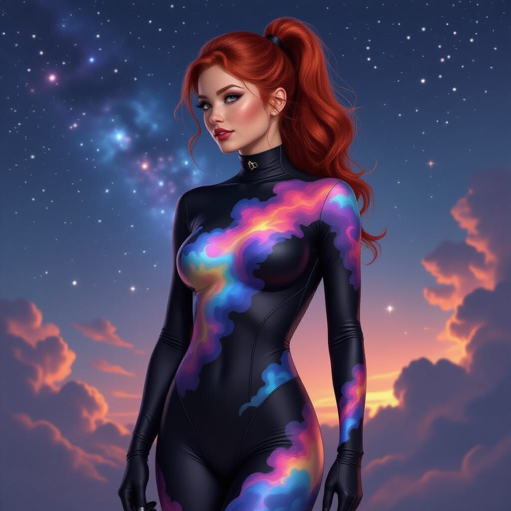 Woman in Nebula Catsuit Exuding Power