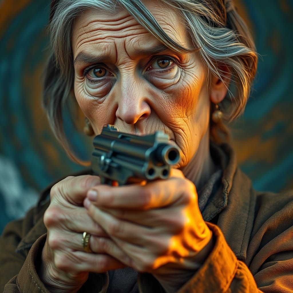 Resolute Senior Woman Holds Weathered Revolver