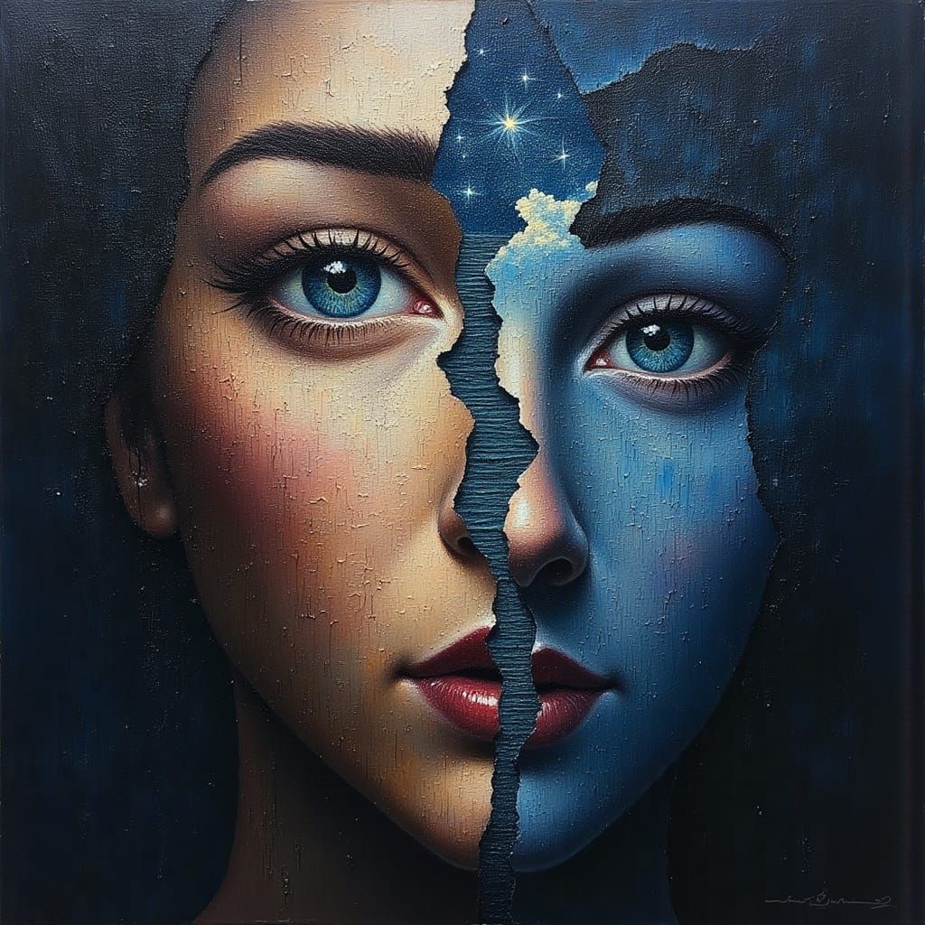 Surreal Face with Infinite Staircase Eyes in Oil Painting