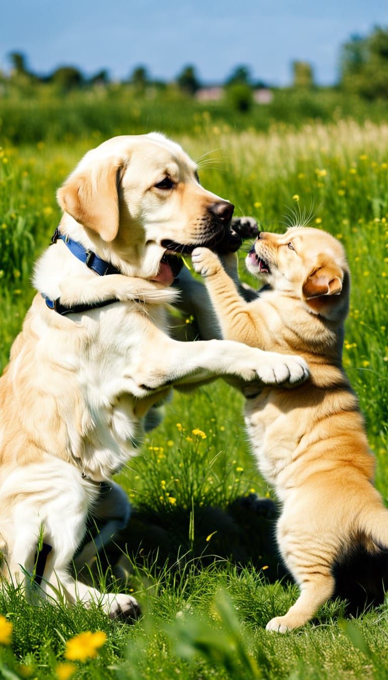 Kitten and Labrador Play in Sunny Grass