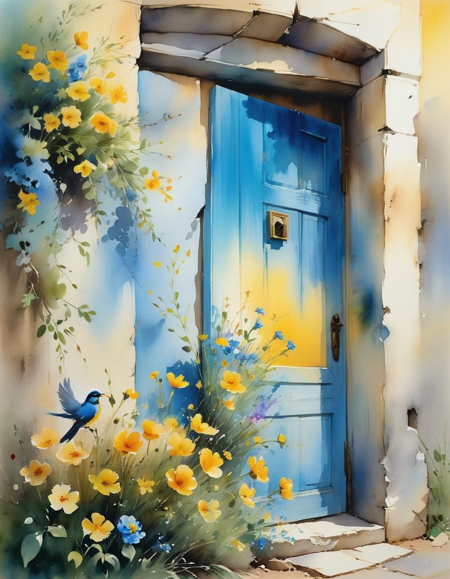 blue door, yellow flowers, watercolor painting