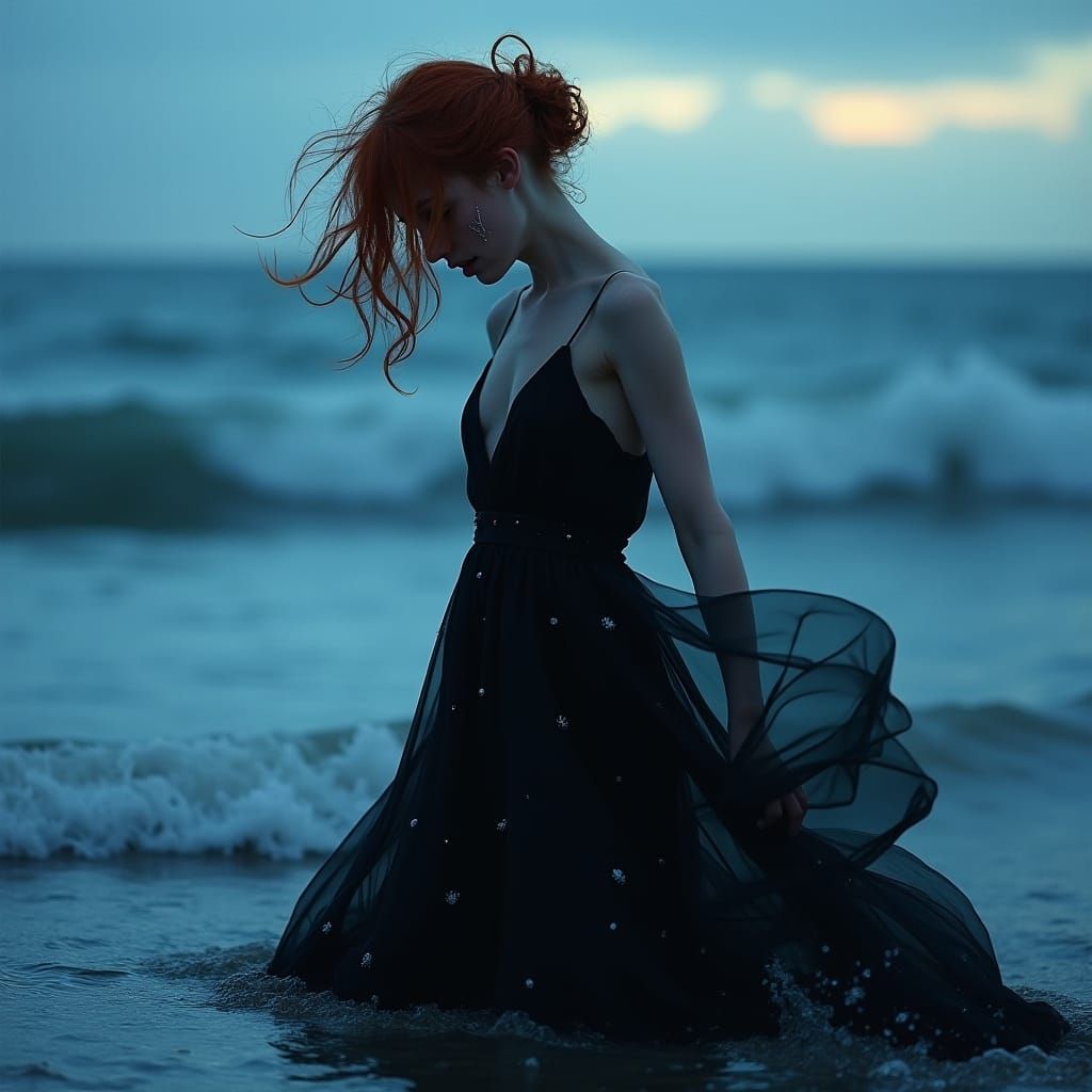 Sorrowful Woman Weeping at Ocean's Edge