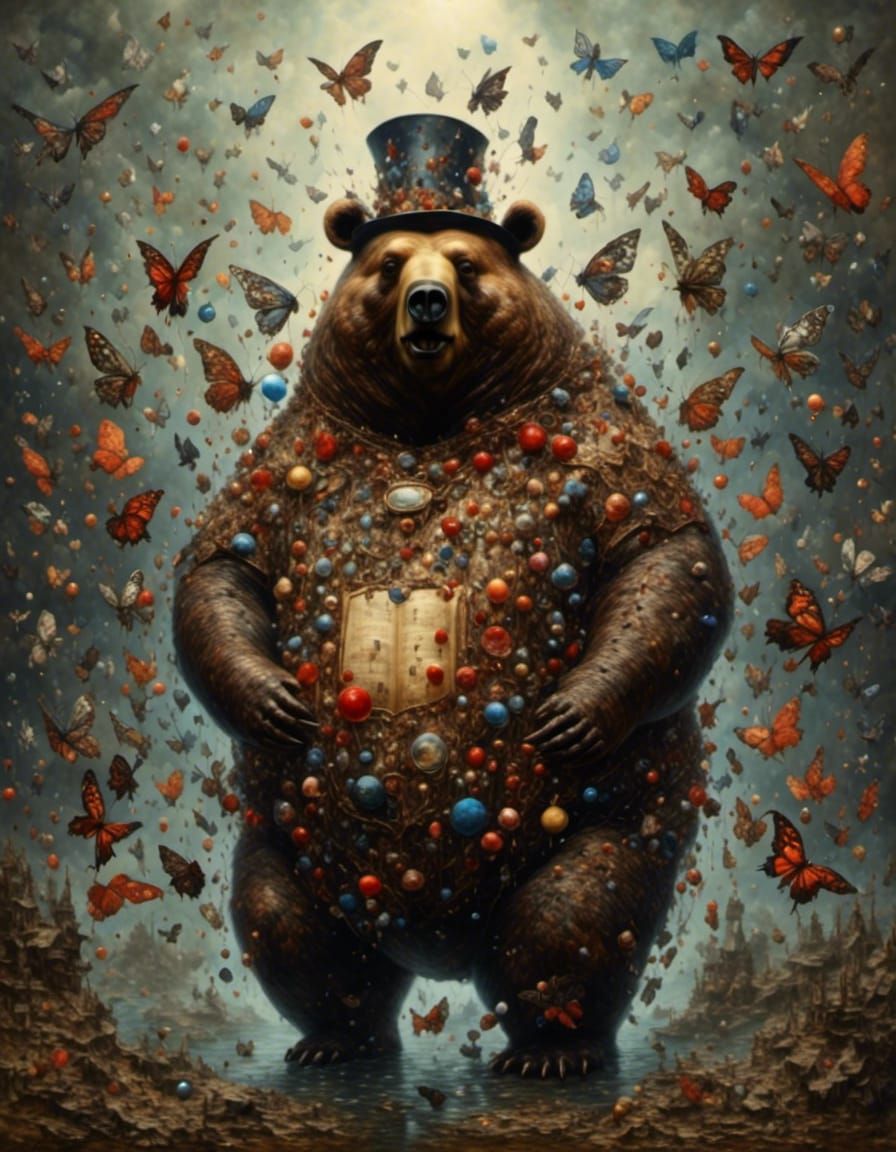 Stylized Bear Amidst a Stormy Landscape