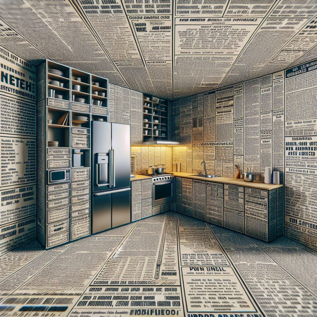 Anamorphic Kitchen Illusion in Vintage Newspaper Style