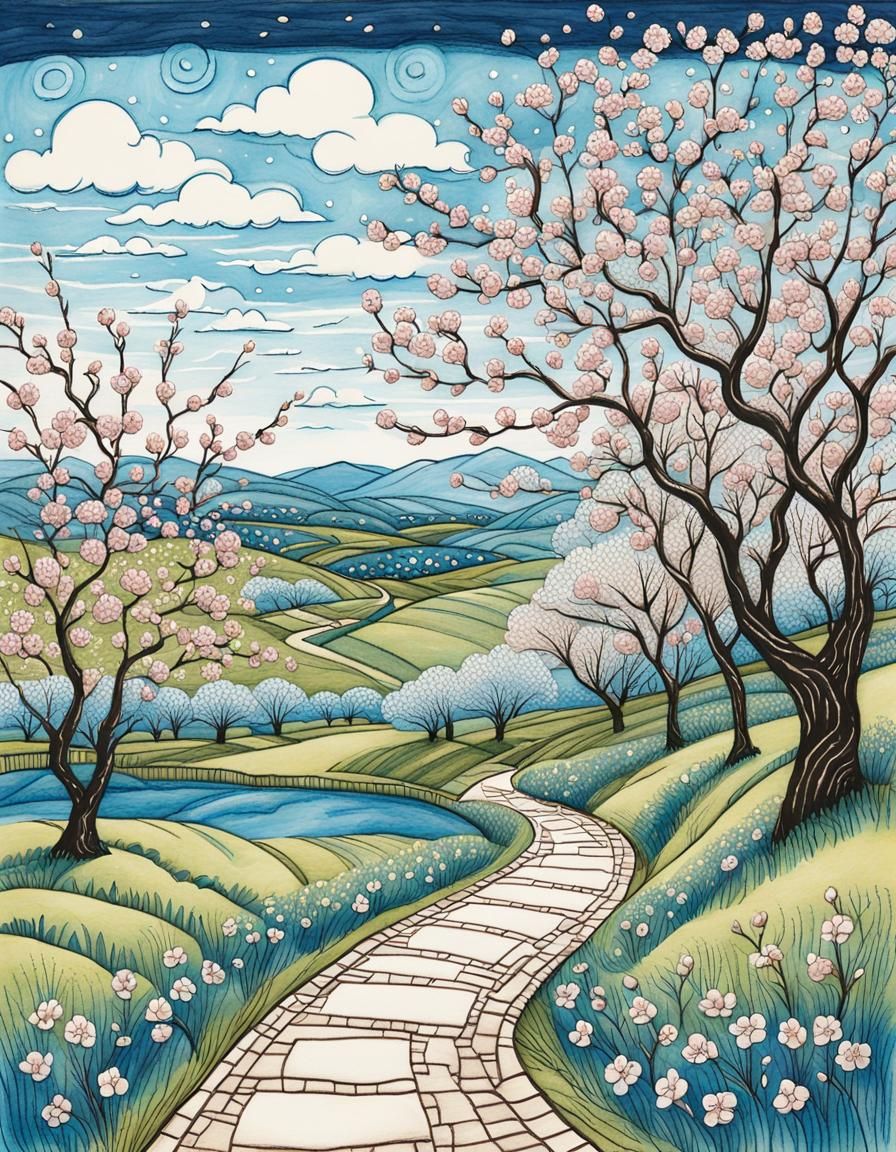 Cherry Blossoms in Folk Art Style Landscape