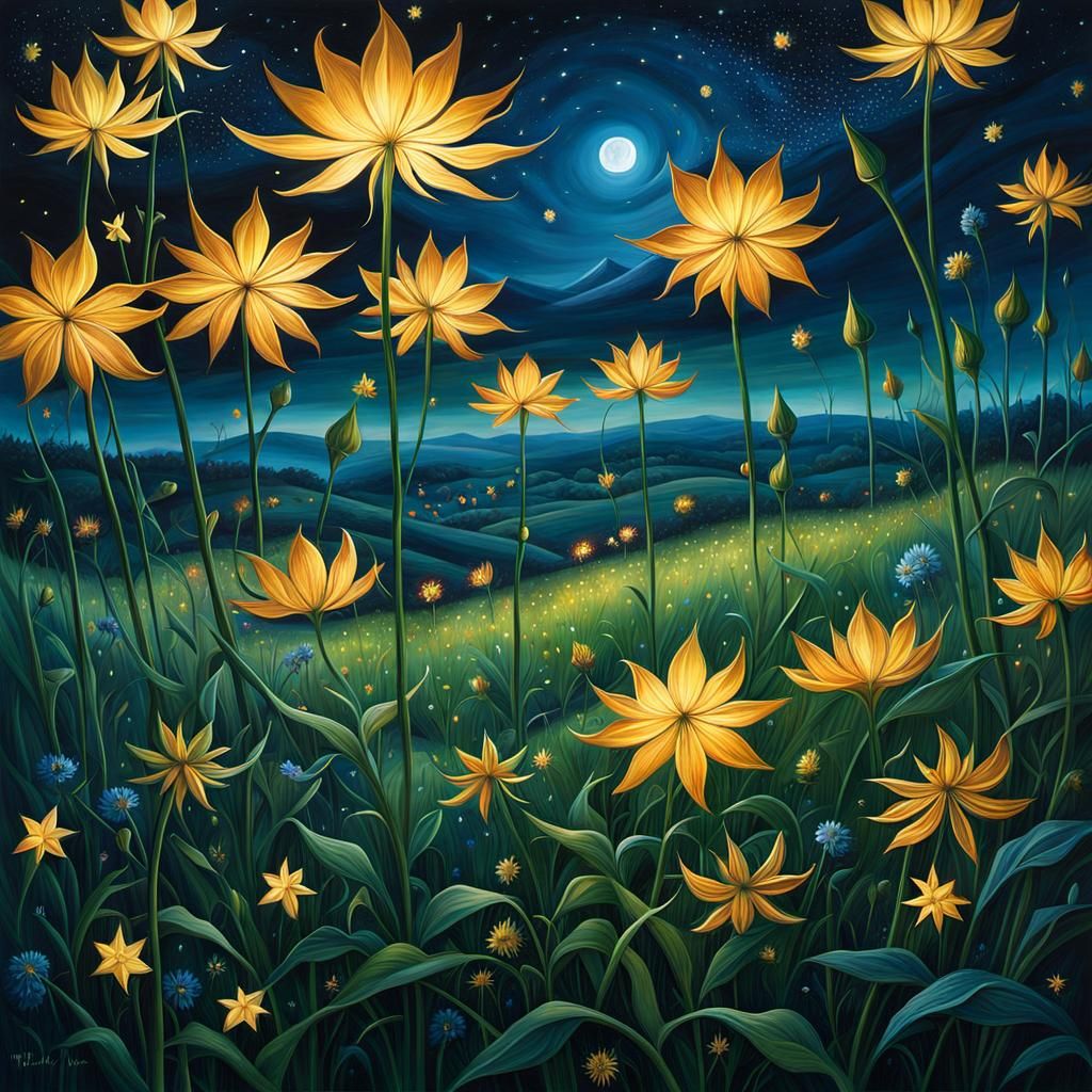 Mysterious Flowers in Starry Night Meadow