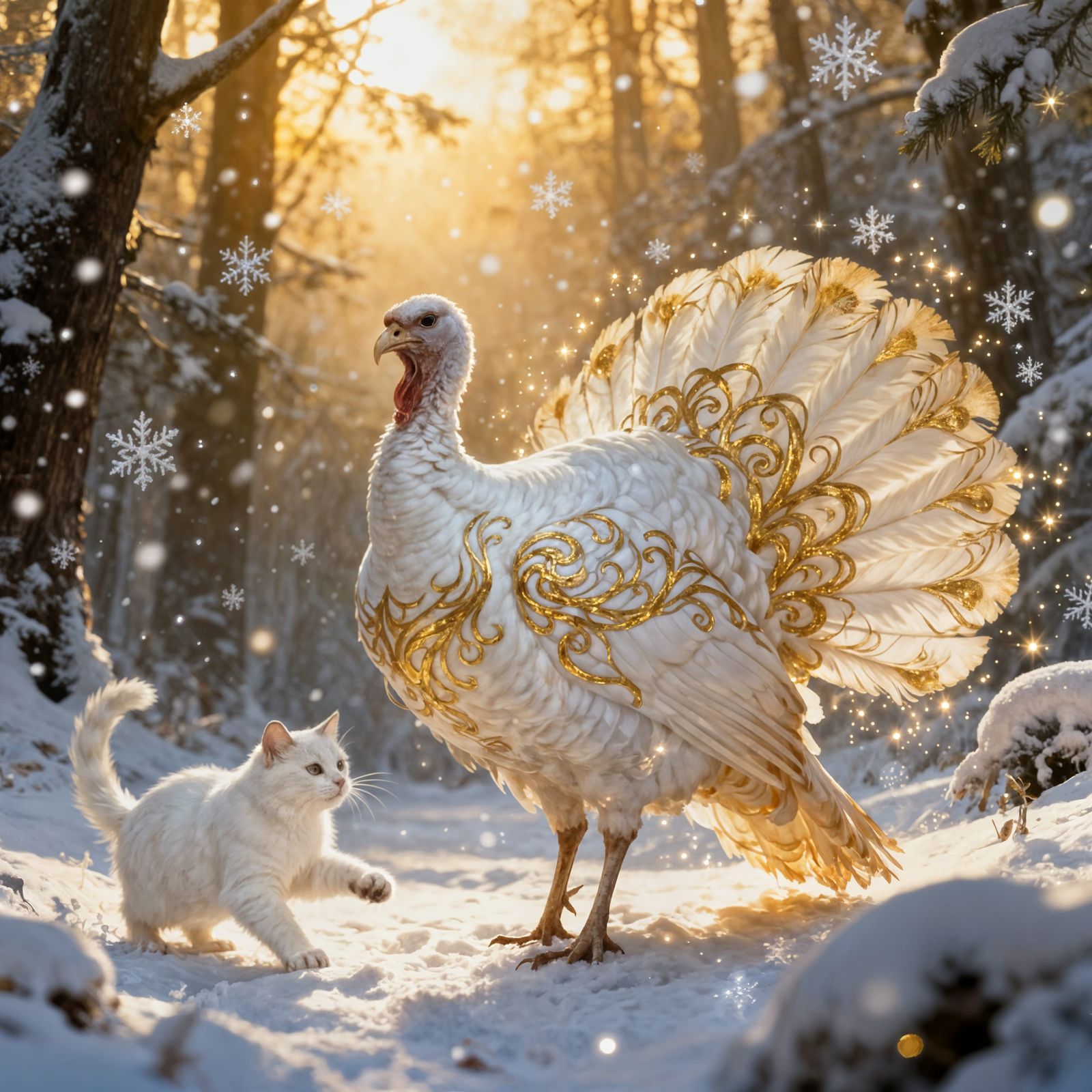 Majestic White Turkey with Golden Feathers in Snowy Forest