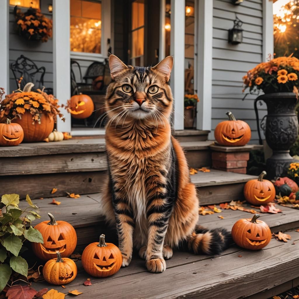 Autumn Cat Emerges from Jack-o'-Lantern at Sunset