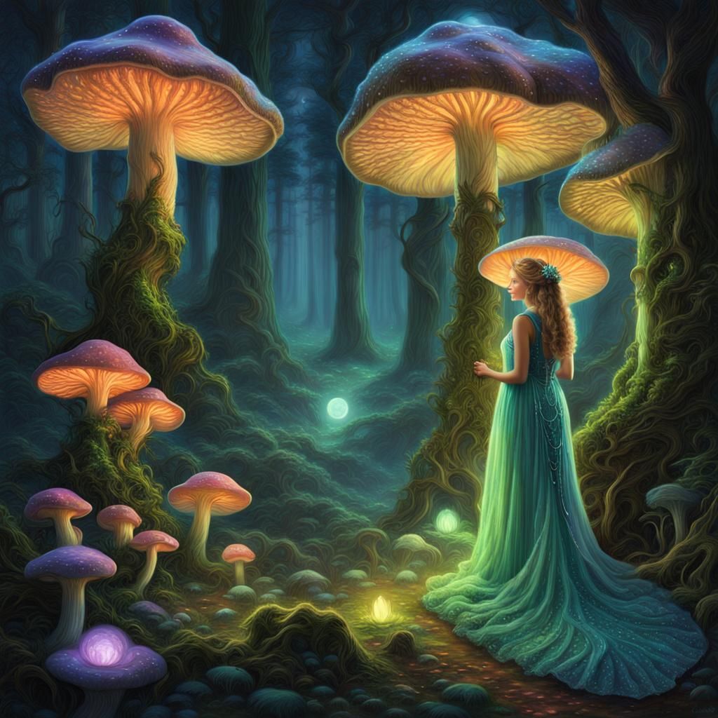 Enchanted Forest with Luminous Mushrooms: Digital Matte Pain...
