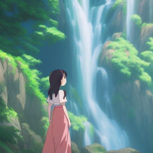 Anime Princess at Waterfall: Studio Ghibli Style