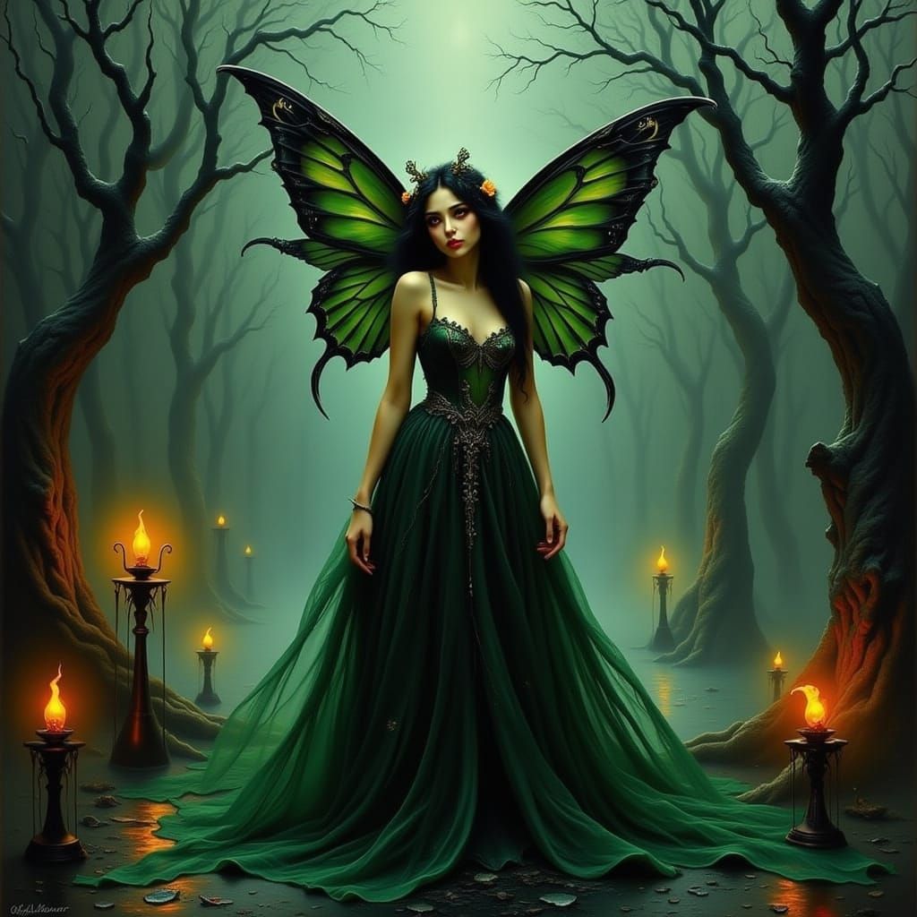 Enchanted Dark Fairy in Emerald Gown with Twisted Branches
