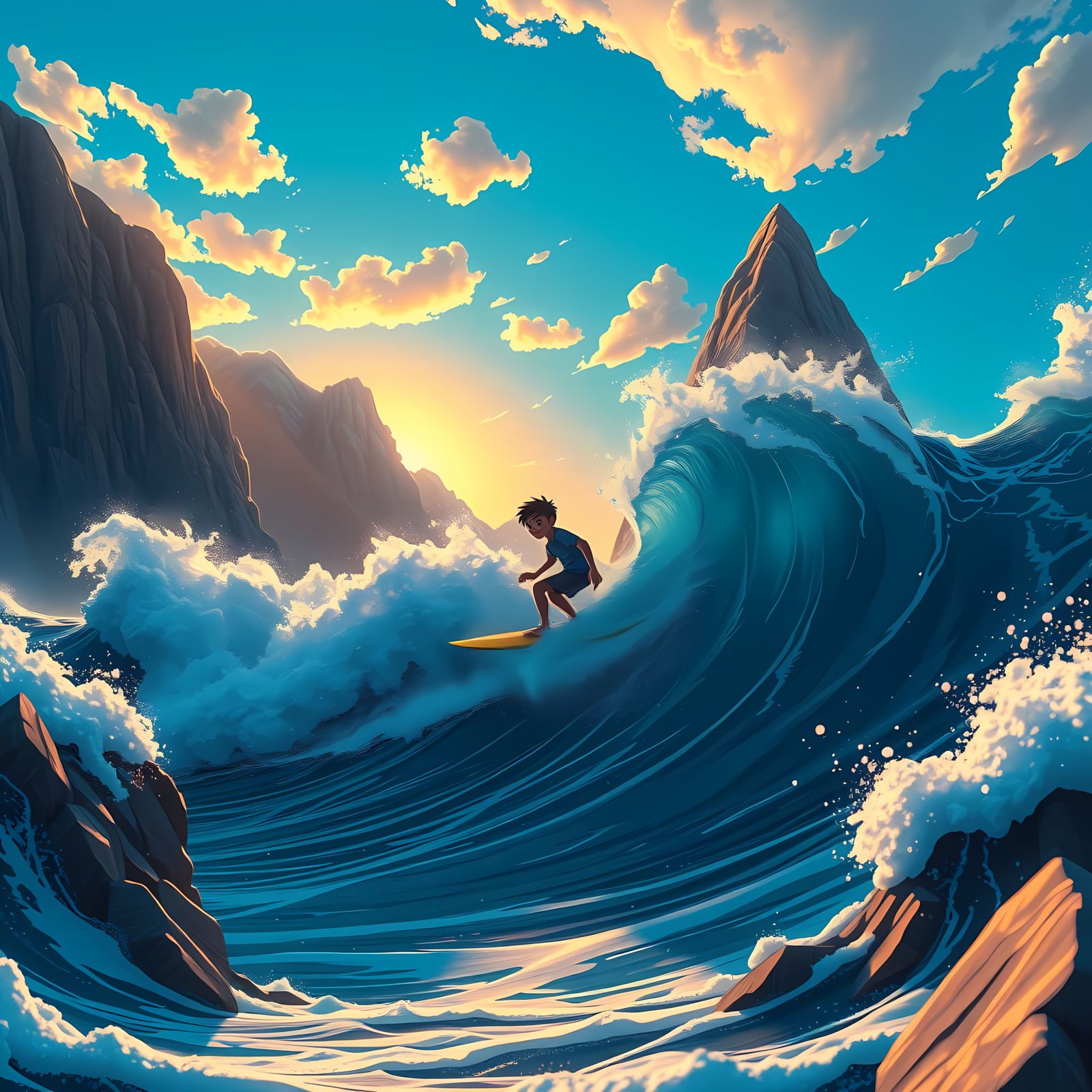 Hyperrealistic Surfing Scene in Vibrant Sunset Colors
