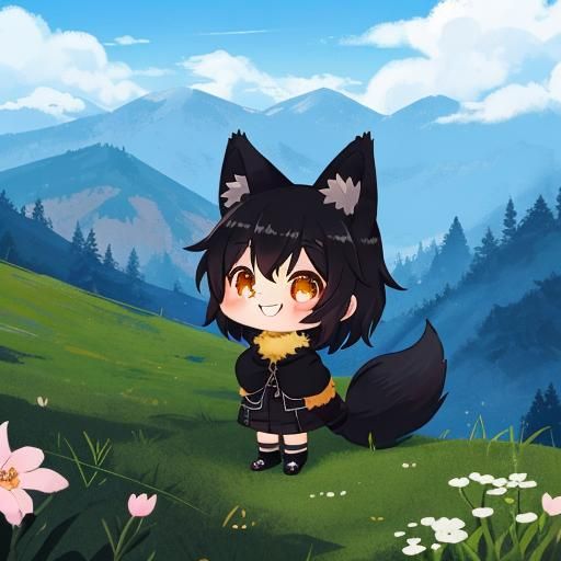 Cute Chibi Girl with Fox Features in Scenic Setting