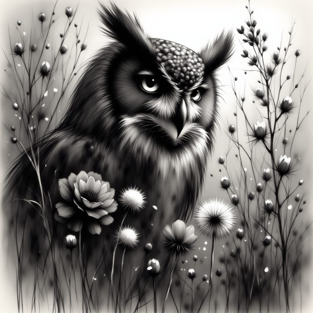 Owl , sitting between flowers