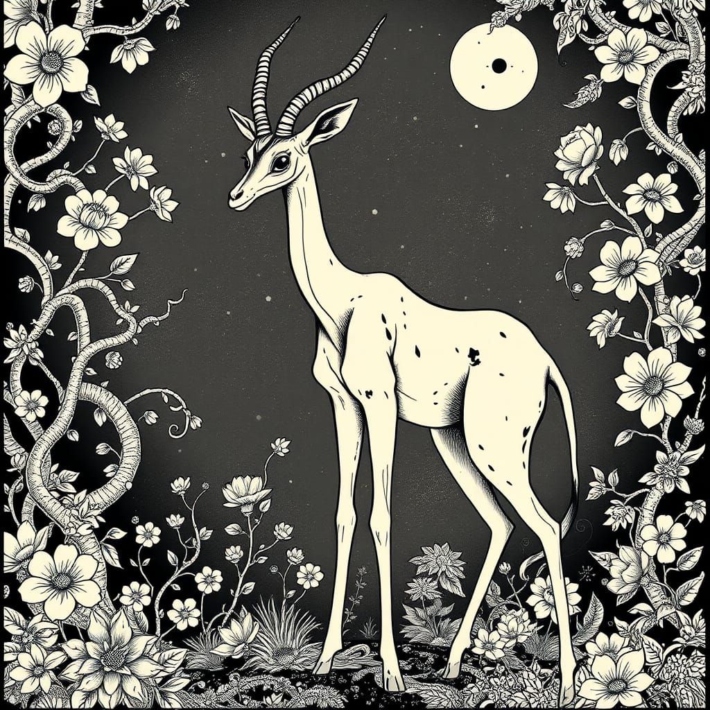 Gerenuk in Mystical Landscape as Ink Art