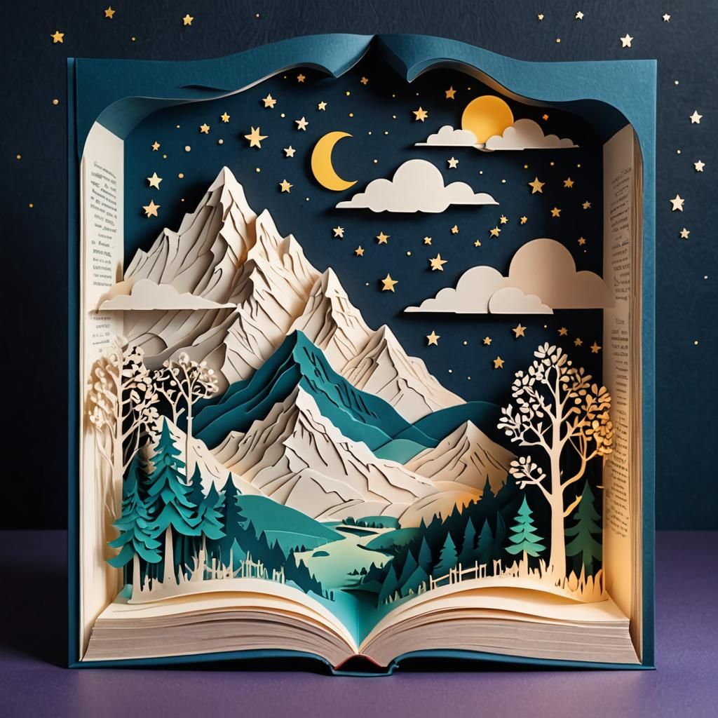 Magical Night Mountain Landscape Papercut Illustration