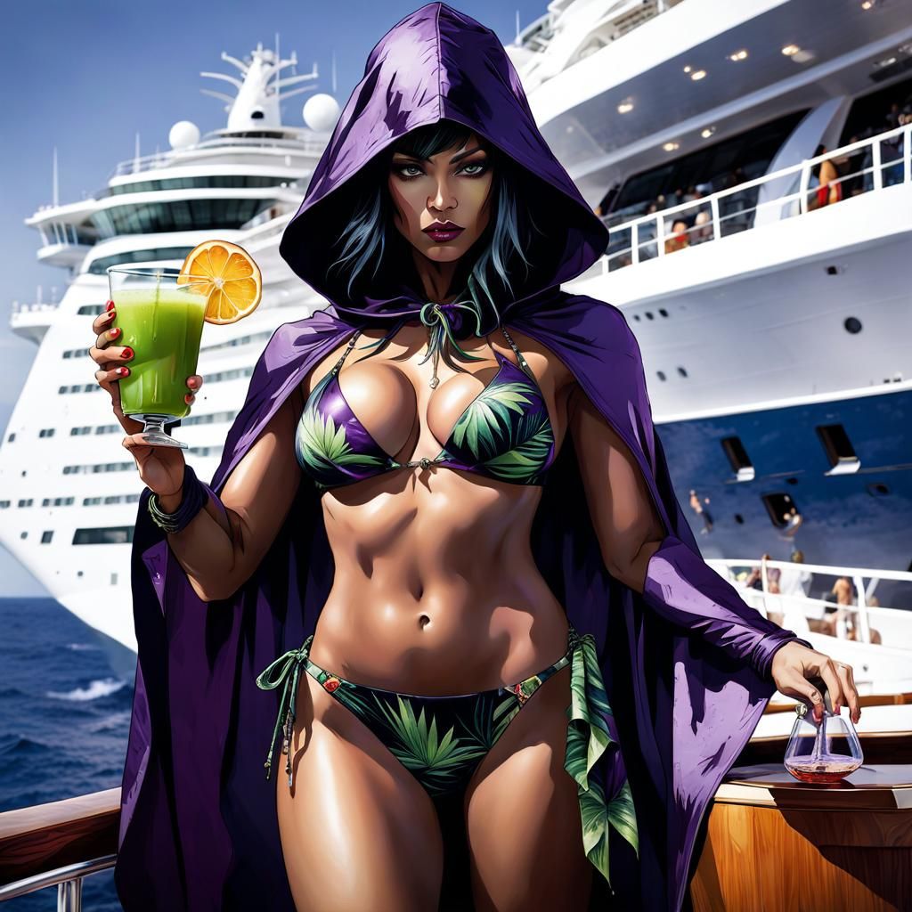 Raven Superhero on Tropical Cruise Ship in Anime Style