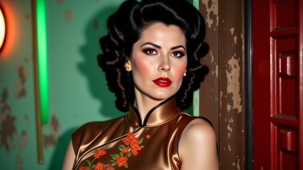 Elegant Woman in Brown Cheongsam Leans on Neon-Lit Wall