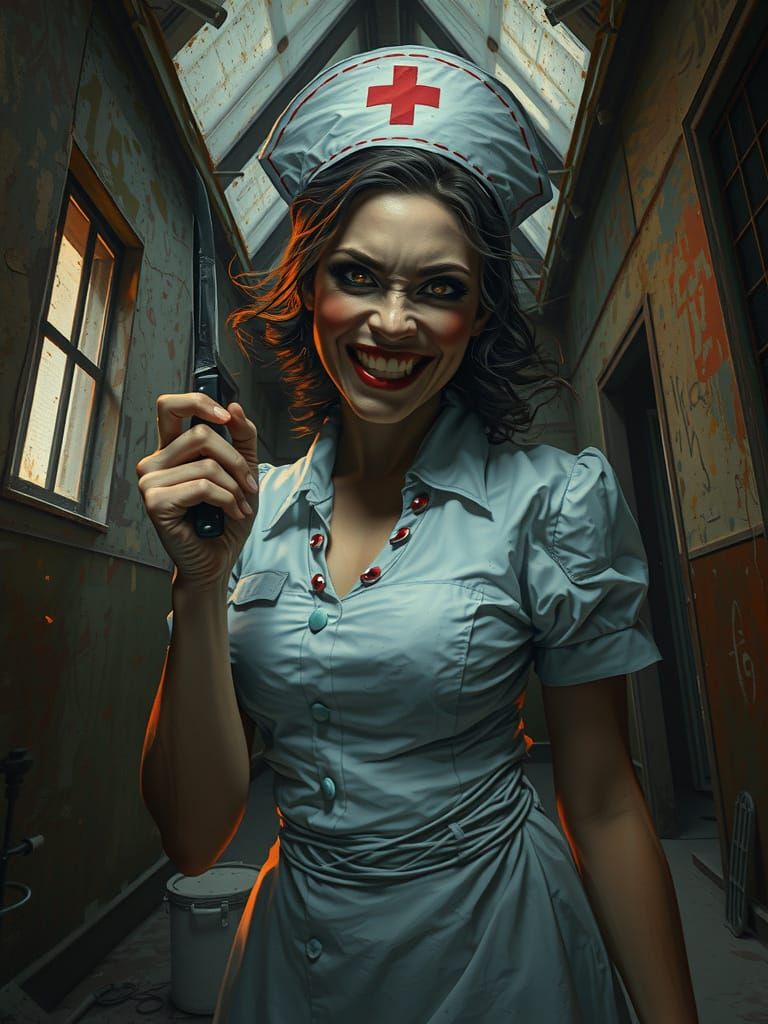 Mysterious Evil Nurse in a Haunting Abandoned Setting