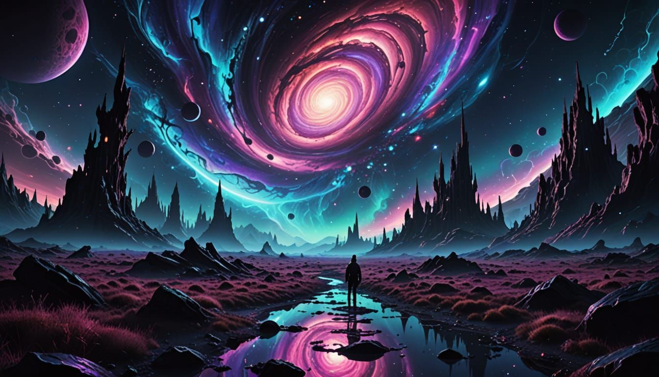 Cosmic Dreamscape in Vibrant Retro-Futuristic Style