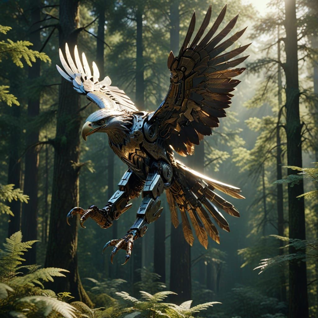 Robotic Eagle Gliding Over Forest in Sunlight