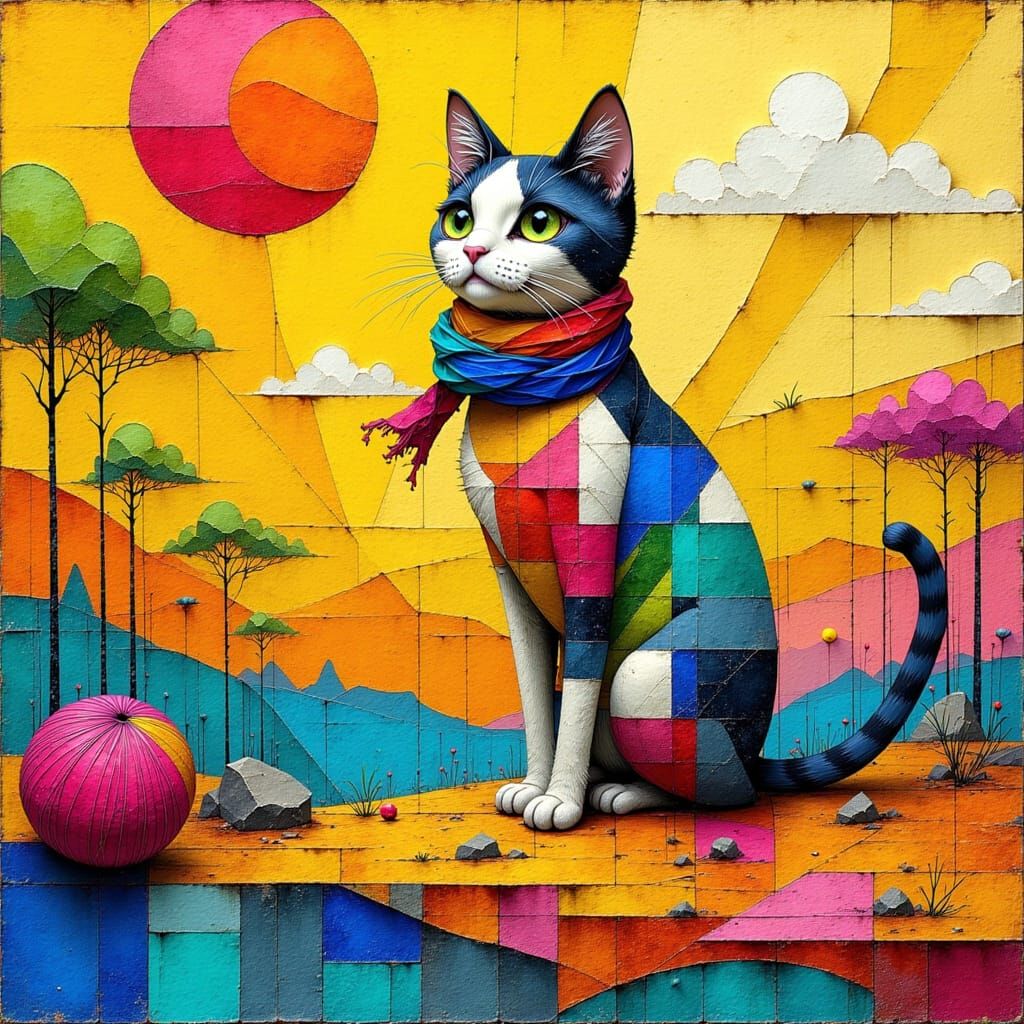 Gigantic Patchwork Cat in Dadaist Landscape