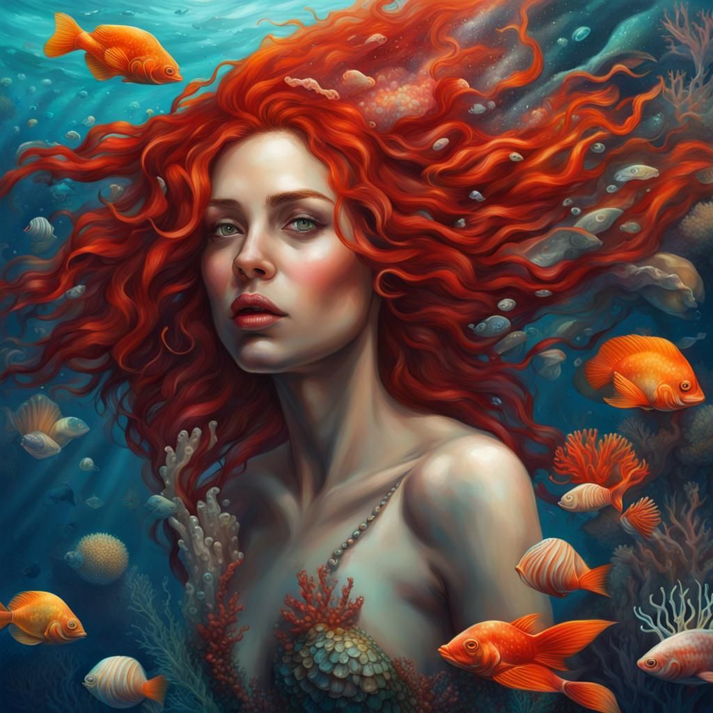 Red-Haired Mermaid Portrait in Hyperrealistic Style