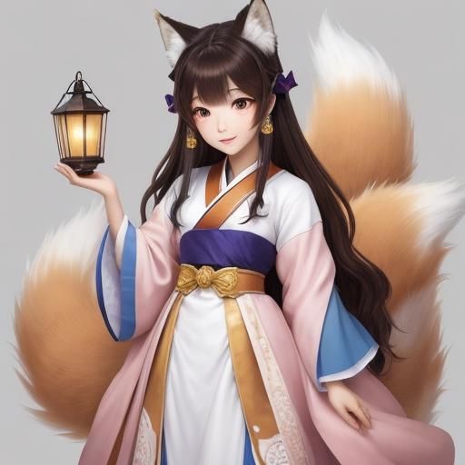 Kitsune Umi with Prismatic Lantern, Watercolor Style