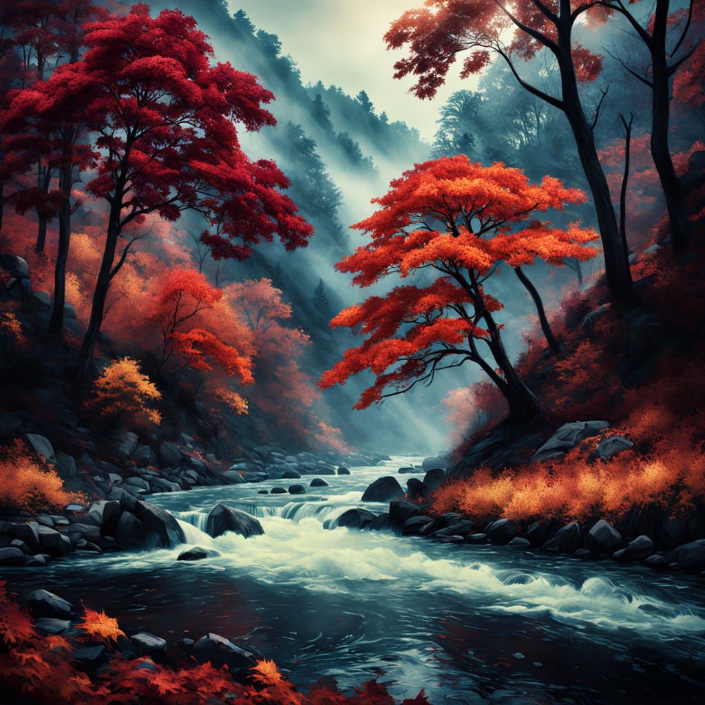 Vibrant Red Autumn Tree by Steaming River
